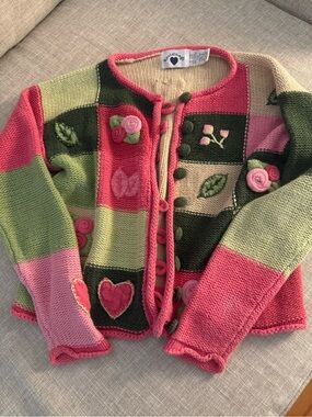 Hartstrings Pink, Green & Cream Patchwork Knit Cardigan